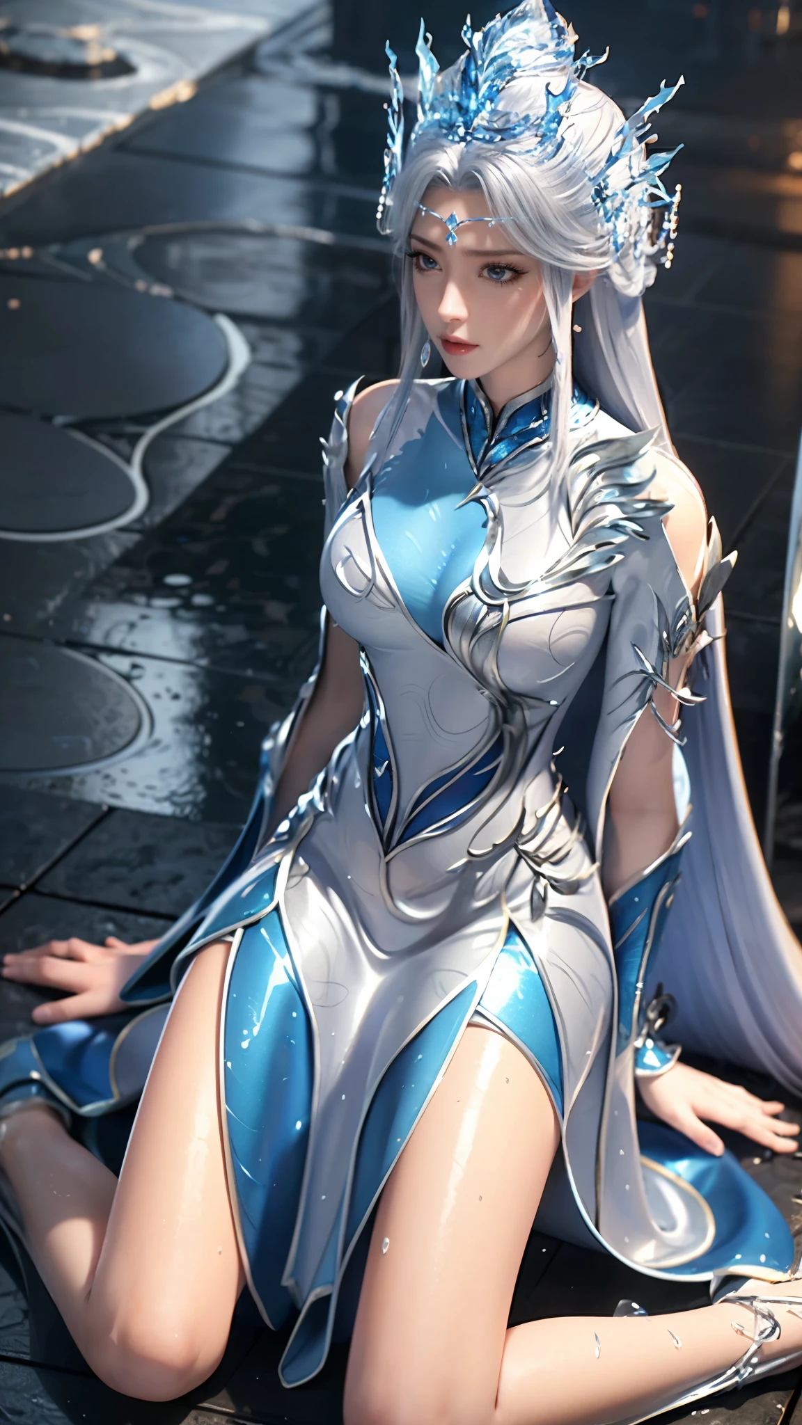 cheongsam,((whole body)), ((Sitting)), ((The hem is long, Sexy long legs)), ((Bare shoulders)),model, Young beautiful girl, Striking an elegant pose, Charming pose, Heat and cold, Beautiful and delicate eyes, Full breasts, slim body, Features, masterpiece, best quality, official art, Rich details, Clear face, Professional lighting, Physically based rendering, Necklace, Light makeup,Starry sky background,Sitting on the stars ,Wet all over,Water Magic,Wet