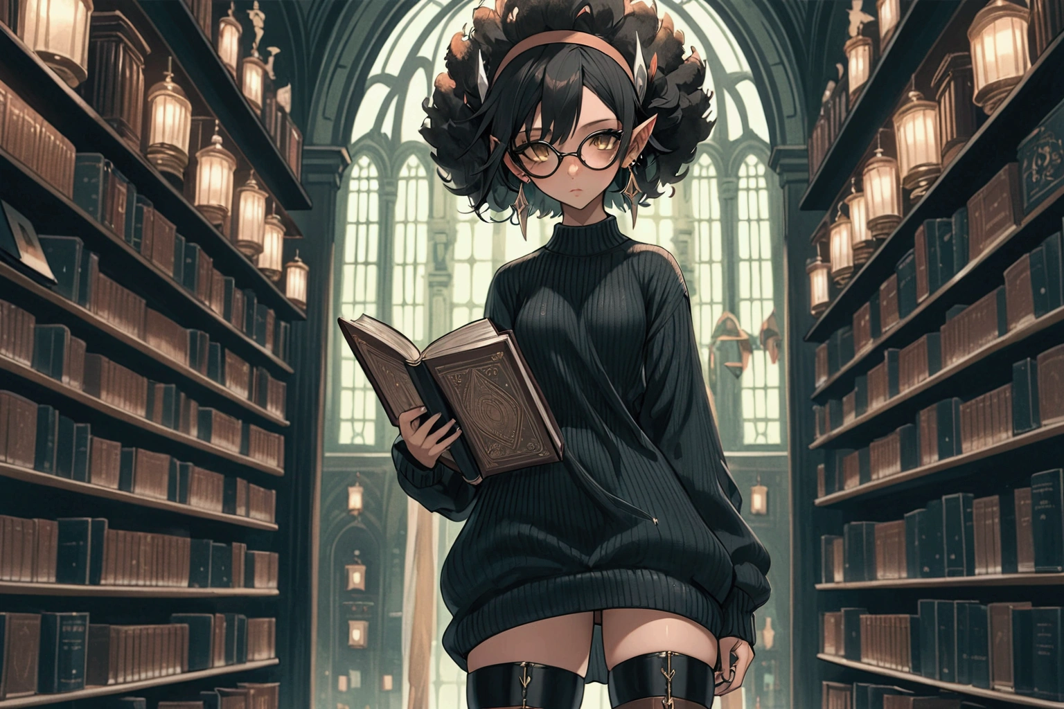 Night Elf, Dark Elf, black hair, afro, dark skinned, gold eyes, hairband, black sweater dress, round glasses, crescent earrings, thigh highs, leather belt around waist, holding book, standing, looking at viewer