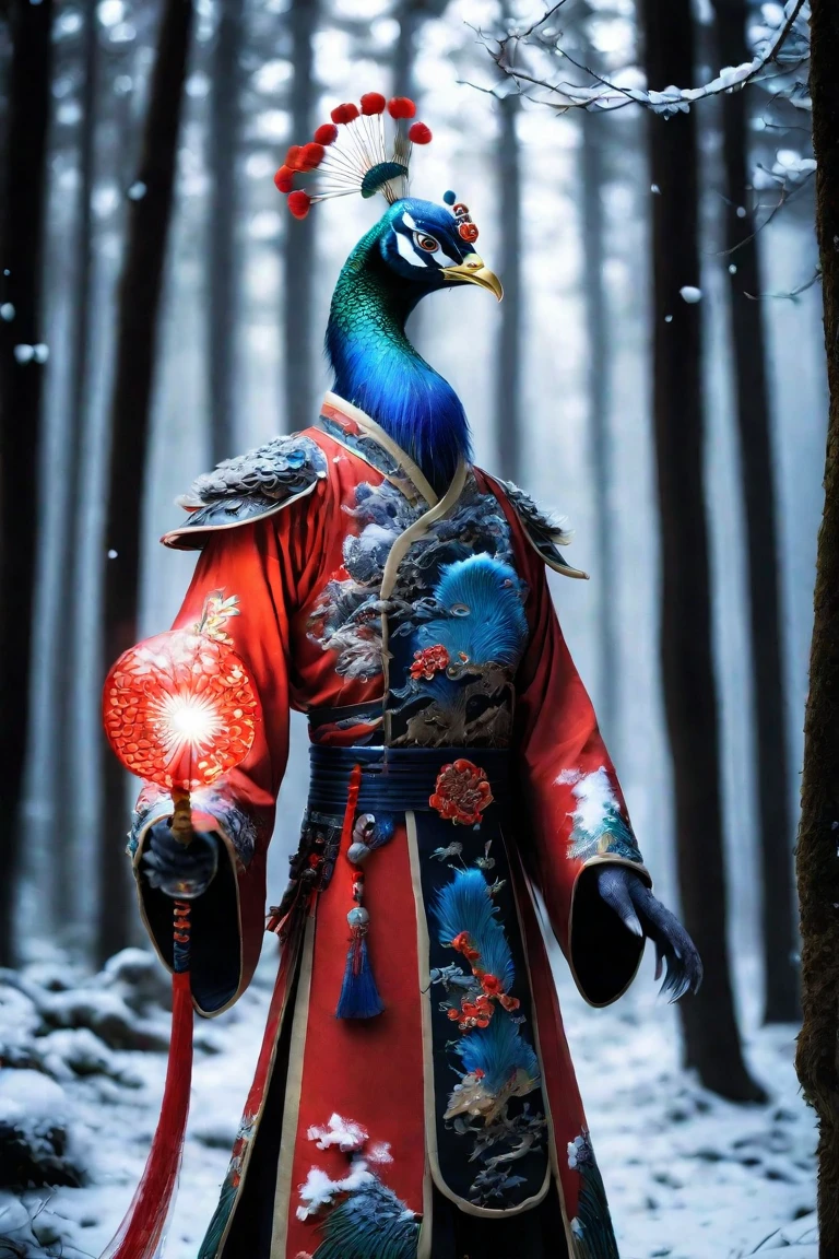 XCYP  , beast in Chinese mythology , The puppet Peacock King wears luxurious Hanfu and armor, red red magic suit , behind it is a magic circle that shines red , standing in a dark forest with a shining weapon in hand ,snow, Detailsに富む,Genuineistic, Details, RAW Photos,Best Quality,(Genuine, photo Genuine:1.2)  movie poster  (original photo) (extremely  Details CG Unified 8k wallpaper)  Detailsかつ複雑,original, Kampala. 32K uhd,ultra- Kampala,Best Quality,masterpiece.,