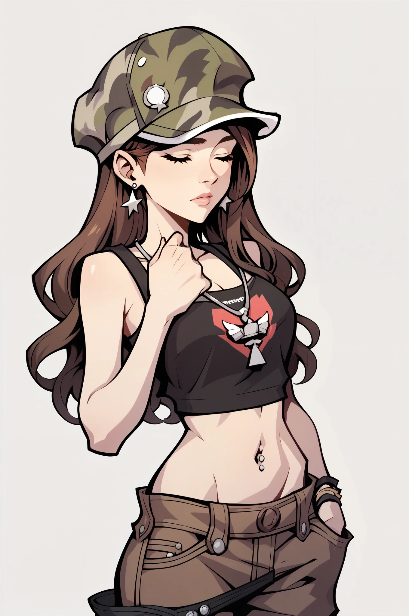 score_9, score_8_up, score_7_up, score_6_up, score_5_up, score_4_up, (masterpiece: 1.0), best quality, fashionable aesthetic, camo hat, brown hair, closed eyes, earrings, black crop top, brown pants, exposed midriff, navel piercing.
