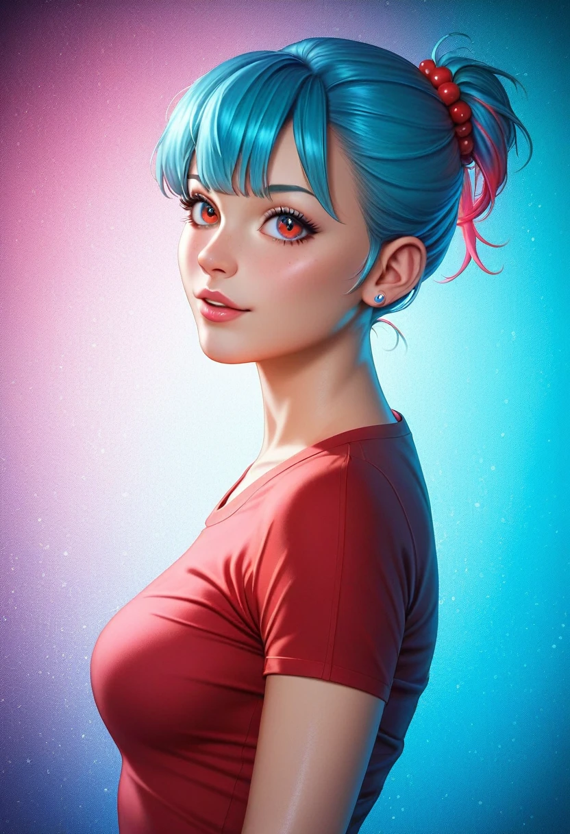 Imagine that you are in a future of 2500 in front of freezing dark dark dark animation 2 . 5D manga niji6 strong features oil ink art super details ultra realism in art bulma sexy big titis + Leona sexy water rays absolute attractive tight shirt red with neon neon dark full with honey eyes dark large full , Red blue hair with highlights red neon ,  with a crow on her side in reality style photo realism maximum quality details super graphic perfection of the latest generation