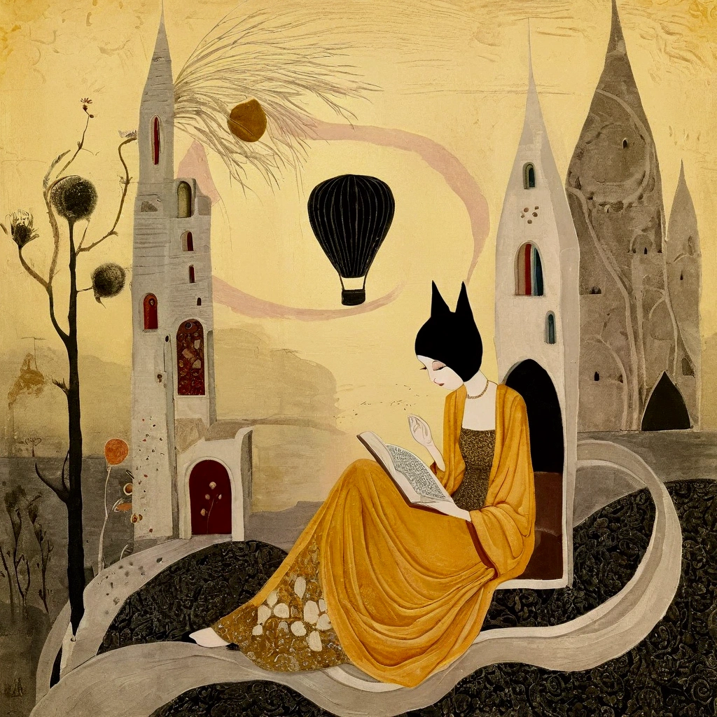 Overlaid texture on roughly woven canvas. collage fine art art deco fabric , Florine Stettheimer, catrin welz-stein, Gabriel Pacheco bas-relief realistic texture texture of the canvas Sepia effect metal paints. On a cloud held to the ground by silk threads is a sofa with a woman, yellow ochre dress sitting reading a book. cats, one Siamese are sitting next to her. Dreamlike landscape with hills, medieval towers, paths moving in multiple directions, castles, bridges, arches, stairs rising to the sky. Surreal dream world. warm and cold colors skillfully dosed. Octane color, meadows, hot air balloons, levelsat different heights.
