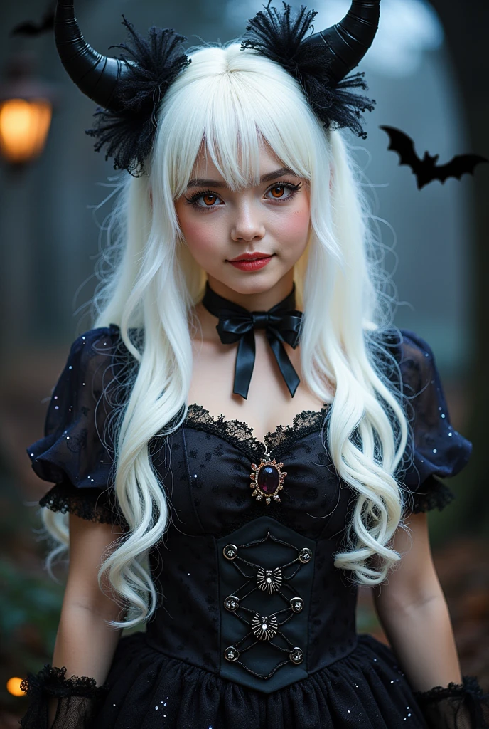 cosplayer,  long plain white wig with fringe, red eyes, A bit fat Halloween style , Bat catches