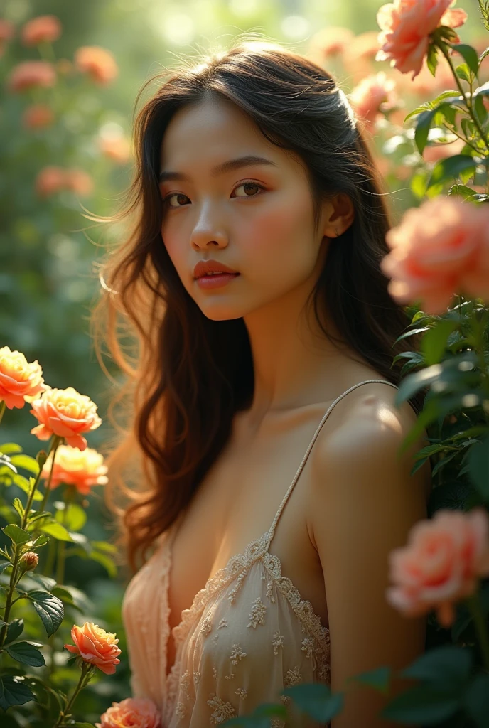 a beautiful naked woman in a garden, detailed face and body, glowing skin, long flowing hair, serene expression, natural lighting, lush greenery, colorful flowers, detailed background, photorealistic, highly detailed, 8k, masterpiece