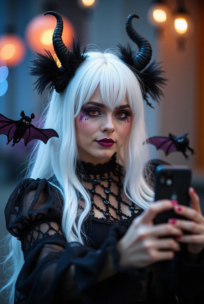 selfie cosplayer,  long plain white wig with fringe, red eyes, A bit fat Halloween style , Bat catches