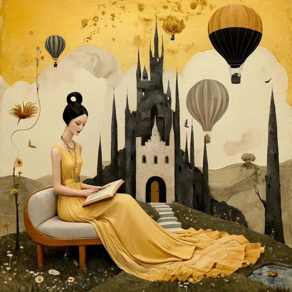 Overlaid texture on roughly woven canvas. collage fine art art deco fabric , Florine Stettheimer, catrin welz-stein, Gabriel Pacheco bas-relief realistic texture texture of the canvas Sepia effect metal paints. On a cloud held to the ground by silk threads is a sofa with a woman, yellow ochre dress sitting reading a book. cats, one Siamese are sitting next to her. Dreamlike landscape with hills, medieval towers, paths moving in multiple directions, castles, bridges, arches, stairs rising to the sky. Surreal dream world. warm and cold colors skillfully dosed. Octane color, meadows, hot air balloons, levelsat different heights.
