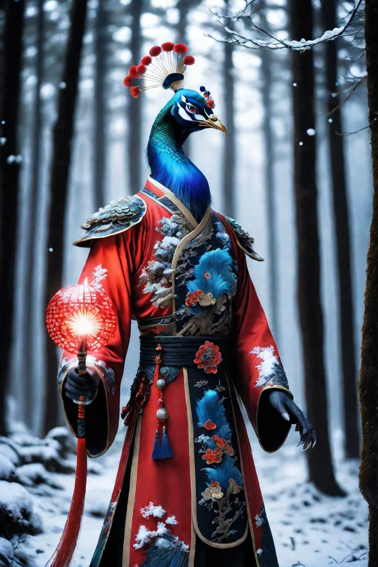 XCYP  , beast in Chinese mythology ,Humans with crane heads and beaks wear luxurious Hanfu and armor, red red magic suit , behind it is a magic circle that shines red , standing in a dark forest with a shining weapon in hand ,snow, Detailsに富む,Genuineistic, Details, RAW Photos,Best Quality,(Genuine, photo Genuine:1.2)  movie poster  (original photo) (extremely  Details CG Unified 8k wallpaper)  Detailsかつ複雑,original, Kampala. 32K uhd,ultra- Kampala,Best Quality,masterpiece.,