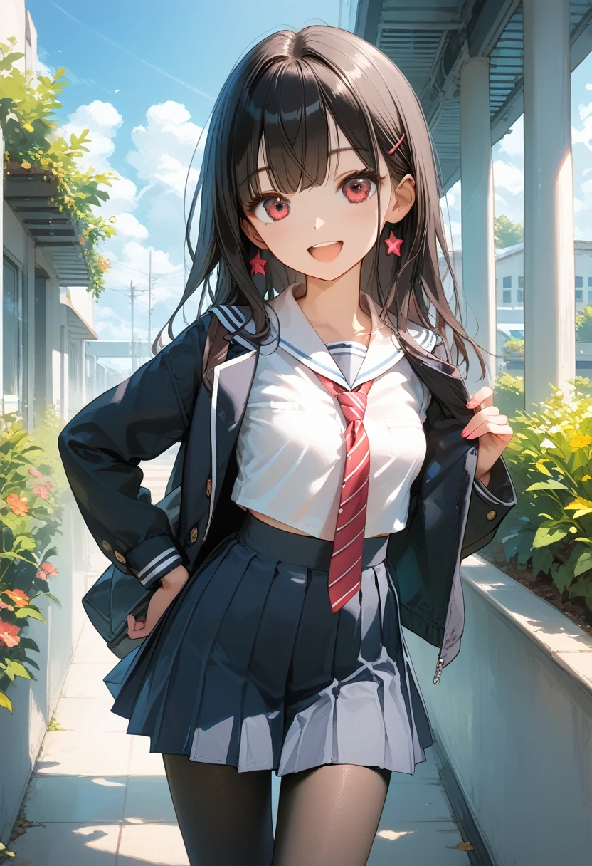 Score_9,Score_8_up,Score_7_up,highest quality anime,,masterpiece,1 girl,slim,small breasts,(Ideal slender proportions),(black_long_hair,straight_bangs,school uniform,matted black tights),(happy with me,joyful:1.2)