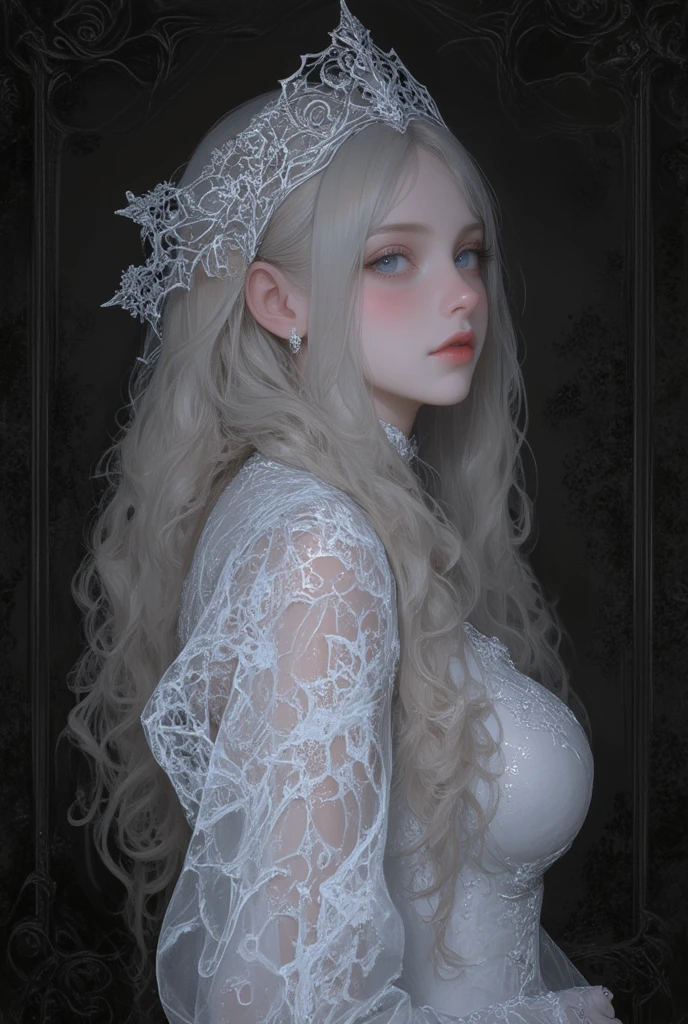 1girl look at me, white style, exquisite digital illustration, dark fantasy, intricate art work, dark background,