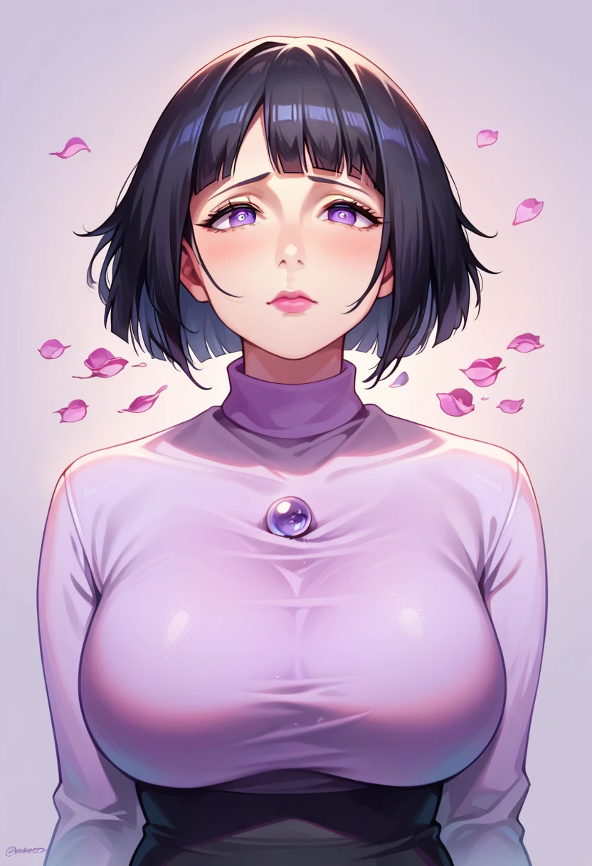 SlimeWave,{ - anatomy error} (Masterpiece - Ultra-detailed, very high resolution) (huge titusty, masterpiece, absurdres, hinata\(boruto\), 1girl, solo,mature female, lilac turtleneck blouse, black pant, looking at viewelling petals), perfect composition, detailed lips, big breast, beautiful face, body propotion, blush, (pink lips), short hair, (black hair), purple eyes, soft gaze, super realistic, detailed, photoshoot, realistic face and body, closed mouth , lilac eyes, upper body, hidden hands, perfect fingers, inocent face, dynamic poses