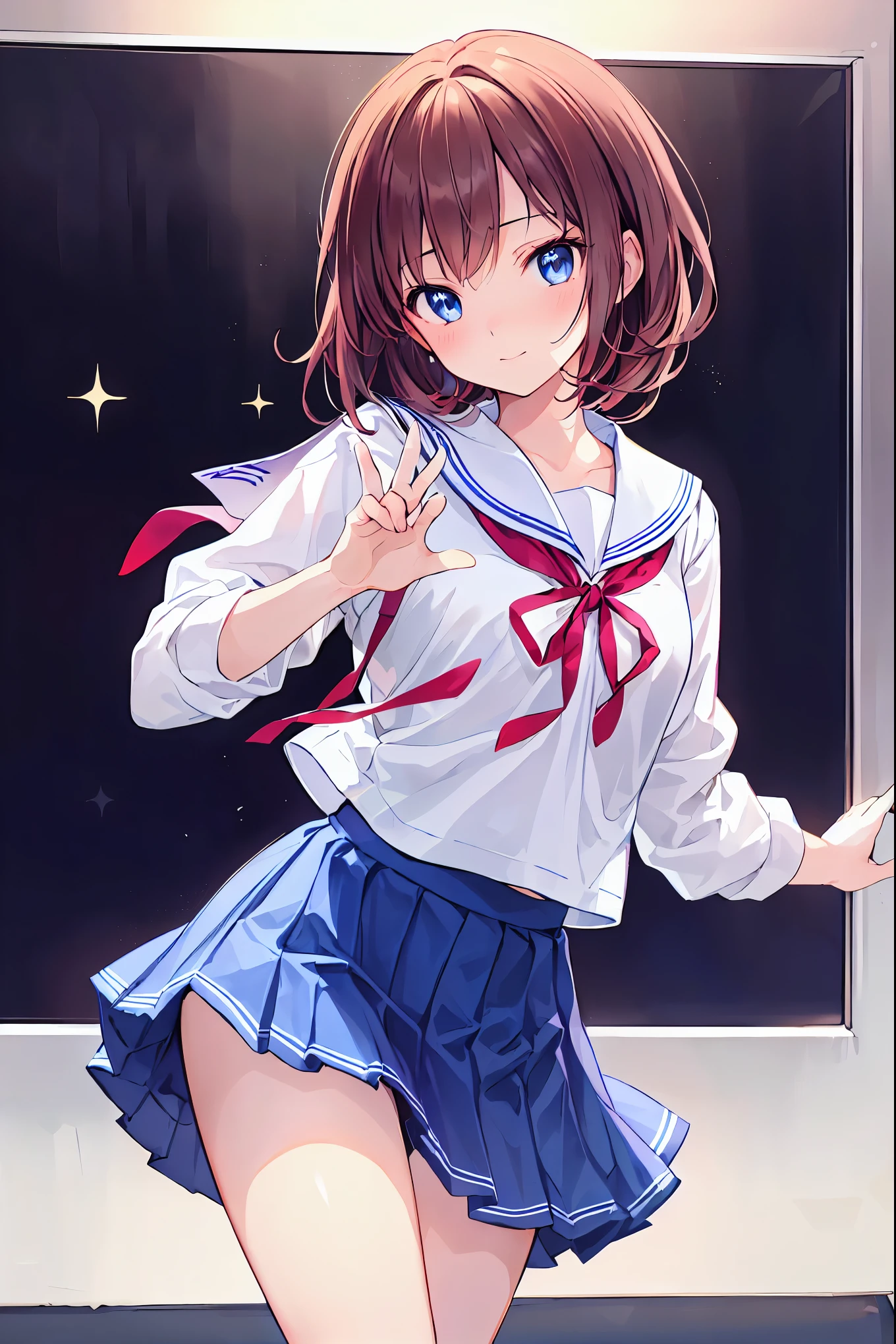 Brown Hair， shortcut ， unkempt hair，Slender beauty，hole々Positive Attitude，Small box，Beautiful legs，Her enchanting gray-blue eyes sparkle like stars.，(masterpiece:2.0), (Best Quality:2.0), ( ultra mini skirt , Super short length,   School Girls Uniforms :1.5), (Side view:1.5), ( sexy pose:1.5), (Red face:1.3), (Realistic:1.5), 1 , Precision small handle,   embarrassing look , smile, Very nice girl,  innocent face , Young Face, Clear Eyes, Sparkling Eyes, Small box, Beautiful Skin,  super resolution ,   highest resolution  , Japanese high school students, blazer uniform，Brown Hair,  Seductive Gray-Blue Eyes Shine Like Stars