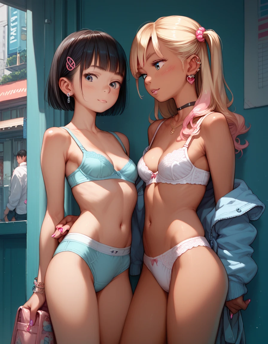 2girls ,white gyaru,,,small breasts,s,bra,panties,standing,anime girl