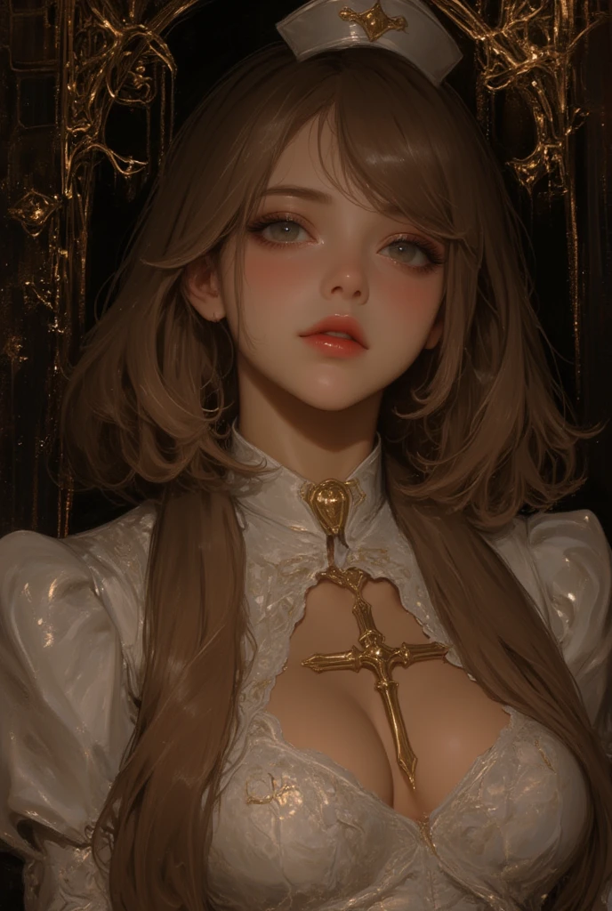 1girl look at me, gold style, nurse costume, cross, exquisite digital illustration, dark fantasy, intricate art work, dark background,