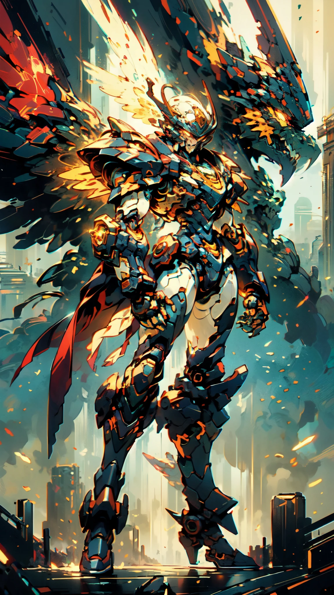 (masterpiece:1.5, best quality:1.5, extremely delicate:1.5), ((male:1.5)), Biomimetic humanoid Mecha, green eyes, fully enclosed shoulder guards, matching arm and leg guards, gemstone, full body, full armor, the design balances heavy with agility, organic biotech armor, (the color scheme is primarily White and Red with Golden accents, concept Inspired by Phoenix, glowing eyes, the armor glows), standing, floating high above the futuristic sci-fi city, a finely crafted Super robot in anime style, exquisite and mature art style, metallic, dramatic, high definition, highres, ultra-detailed, ultra-fine painting, professional, anatomically correct, symmetrical face, extremely detailed eyes and face, high quality eyes, creativity, RAW photo, UHD, 32k, Natural light, cinematic lighting, (masterpiece-anatomy-perfect:1.2)
