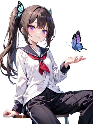  very detailed , Kanao Tsuyuri,  Kampala、 closed mouth、smile、 Black Hair ,  butterfly ,  butterfly  hair ornament, ( purple eyes:1.1),  side ponytail ,、全体的にLong Hair、 1 girl, Long Hair, Brown Hair、Bright Eyes、pants＿Data&#39;s clothes、 absolute reference to the center、Leaning forward, big chest、