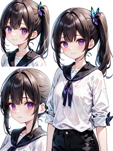  very detailed , Kanao Tsuyuri,  Kampala、 closed mouth、smile、 Black Hair ,  butterfly ,  butterfly  hair ornament, ( purple eyes:1.1),  side ponytail ,、全体的にLong Hair、 1 girl, Long Hair, Brown Hair、Bright Eyes、pants＿Data&#39;s clothes、 absolute reference to the center、Leaning forward, big chest、