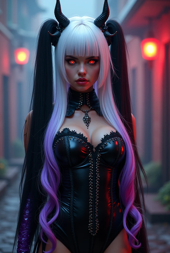 cosplayer, long white black wig with purple tips with fringe, red eyes, A bit fat Halloween style 