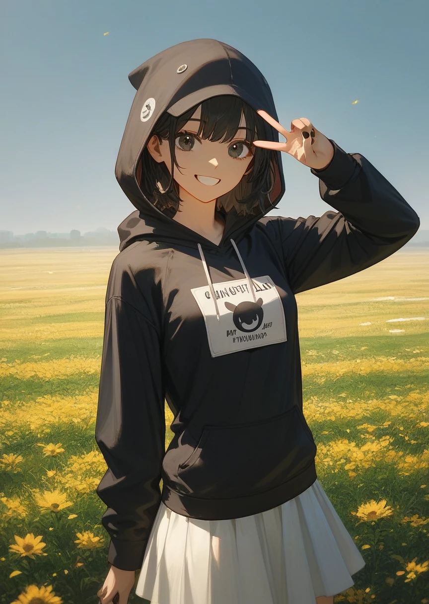 score_9, score_8_up, score_7_up quality_masterpiece, quality_best rating_safe body_slim，physical_short costume_black hoodie,costume_white skirt mouth_smile，eye_color_black hand_sign_peace environment_sunny field