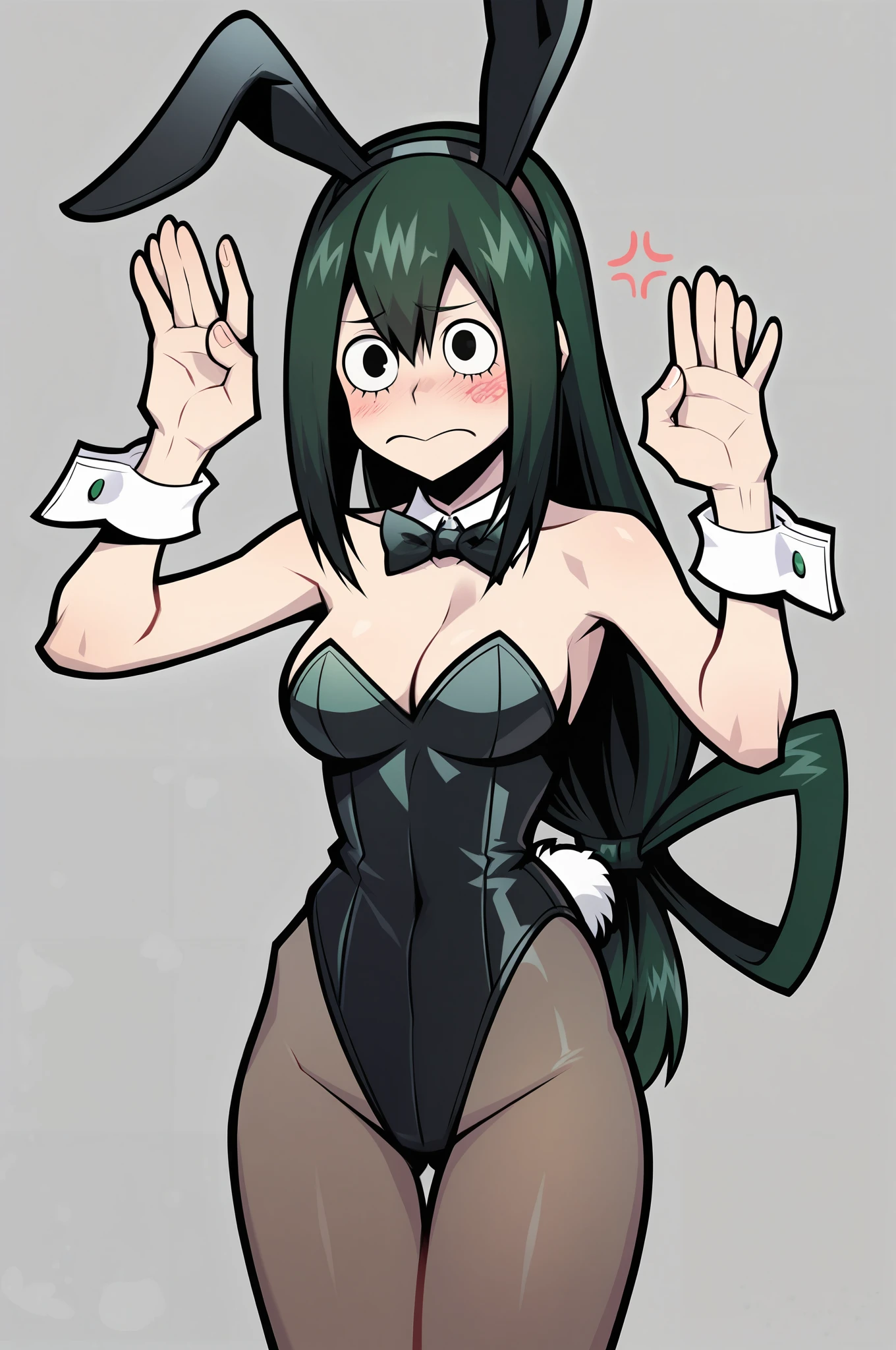 score_9, score_8_up, score_7_up, score_6_up, score_5_up, score_4_up, (masterpiece: 1.0), best quality, fashionable aesthetic, Asui Tsuyu, boku_no_hero_academia, 1girl, green_hair, black_eyes, blush, bunny suit, bunny girl pose, annoyed, perfect,
