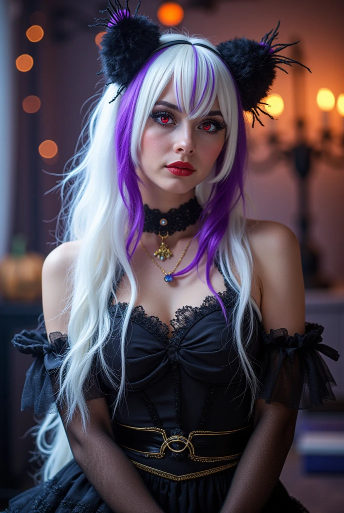 cosplayer, long white black wig with purple tips with fringe, red eyes, A bit fat Halloween style 