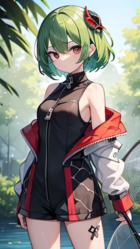 (masterpiece, Best Quality:1.2),  1 Girl, Alone,standing_, 
Arlecchino, Sleeveless clothing, sleeveless shirt,( Fishing net clothing),  jacket, , Open the zipper on the X-shaped eyes , BLACK EYES, Red Eyes，   Details_face， eyelash，  shiny hair ，，Leaf logo on neck，Light green hair，Back of the knee，