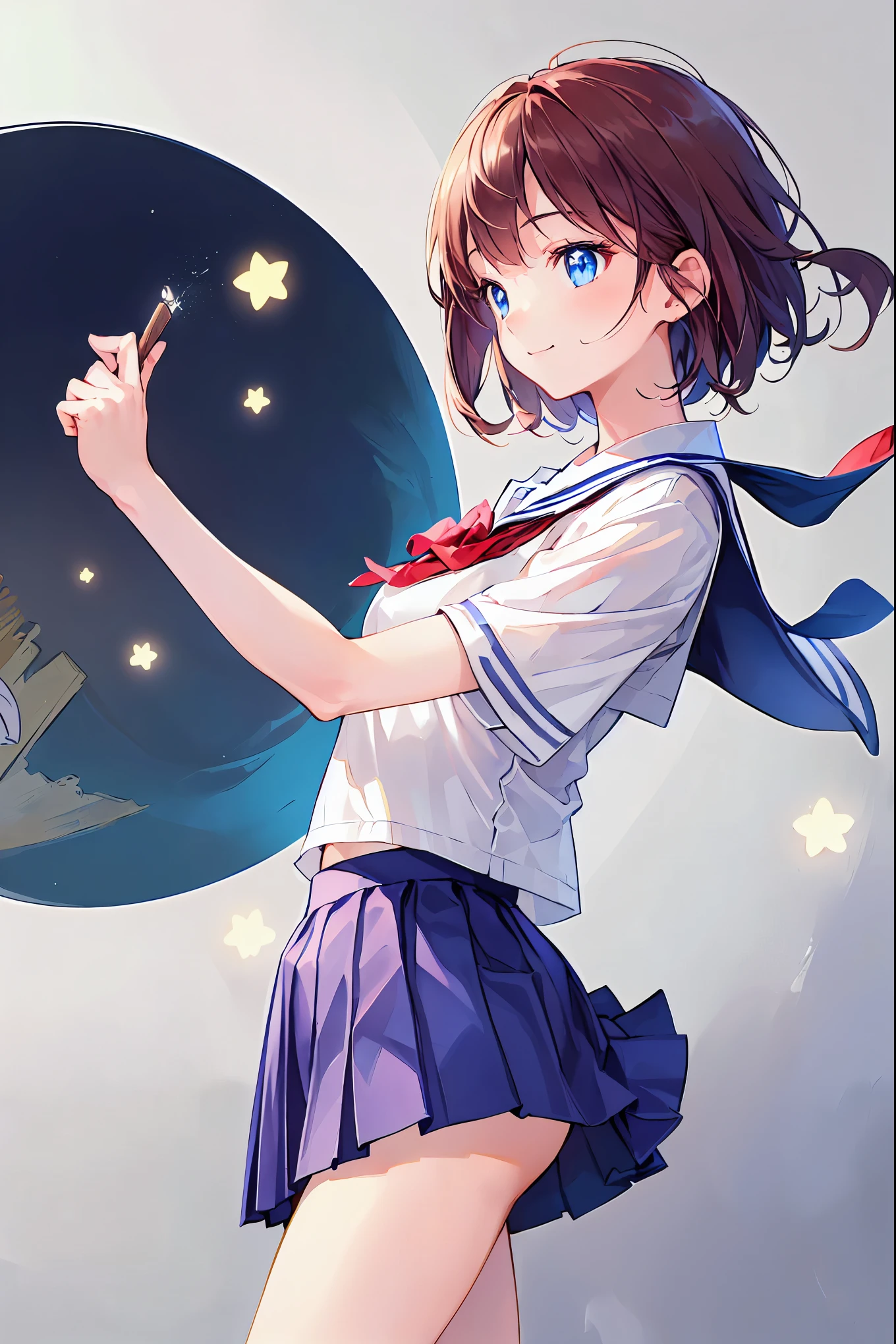 Brown Hair， shortcut ， unkempt hair，Slender beauty，hole々Positive Attitude，Small box，Beautiful legs，Her enchanting gray-blue eyes sparkle like stars.，(masterpiece:2.0), (Best Quality:2.0), ( ultra mini skirt , Super short length,   School Girls Uniforms :1.5), (Side view:1.5), ( sexy pose:1.5), (Red face:1.3), (Realistic:1.5), 1 , Precision small handle,   embarrassing look , smile, Very nice girl,  innocent face , Young Face, Clear Eyes, Sparkling Eyes, Small box, Beautiful Skin,  super resolution ,   highest resolution  , Japanese high school students, blazer uniform，Brown Hair,  Seductive Gray-Blue Eyes Shine Like Stars