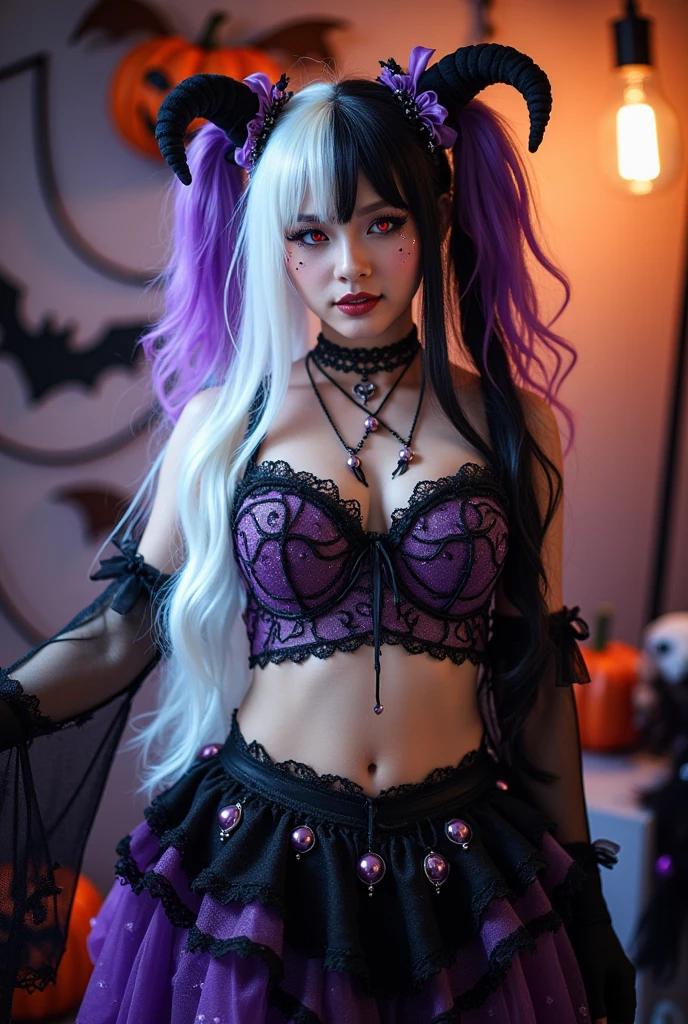 cosplayer, long white black wig with purple tips with fringe, red eyes, A bit fat Halloween style 