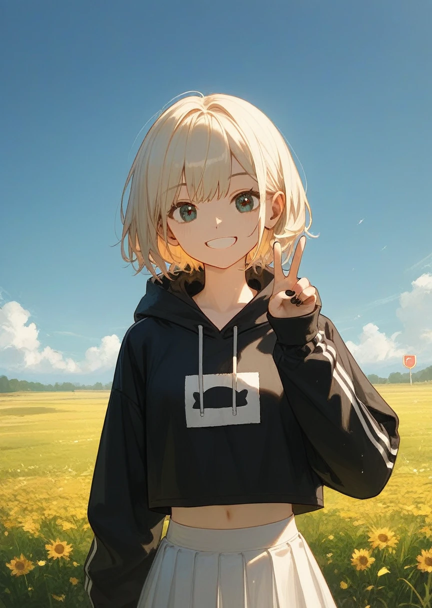 score_9, score_8_up, score_7_up quality_masterpiece, quality_best rating_safe body_slim，physical_short costume_black hoodie,costume_white skirt mouth_smile，eye_color_black hand_sign_peace environment_sunny field