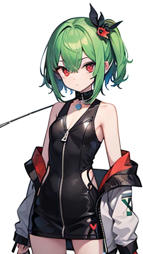 (masterpiece, Best Quality:1.2),  1 Girl, Alone,standing_, 
Arlecchino, Sleeveless clothing, sleeveless shirt,( Fishing net clothing),  jacket, , Open the zipper on the X-shaped eyes , BLACK EYES, Red Eyes，   Details_face， eyelash，  shiny hair ，，Leaf logo on neck，Light green hair，Back of the knee，hentai, hardcore, kawaii