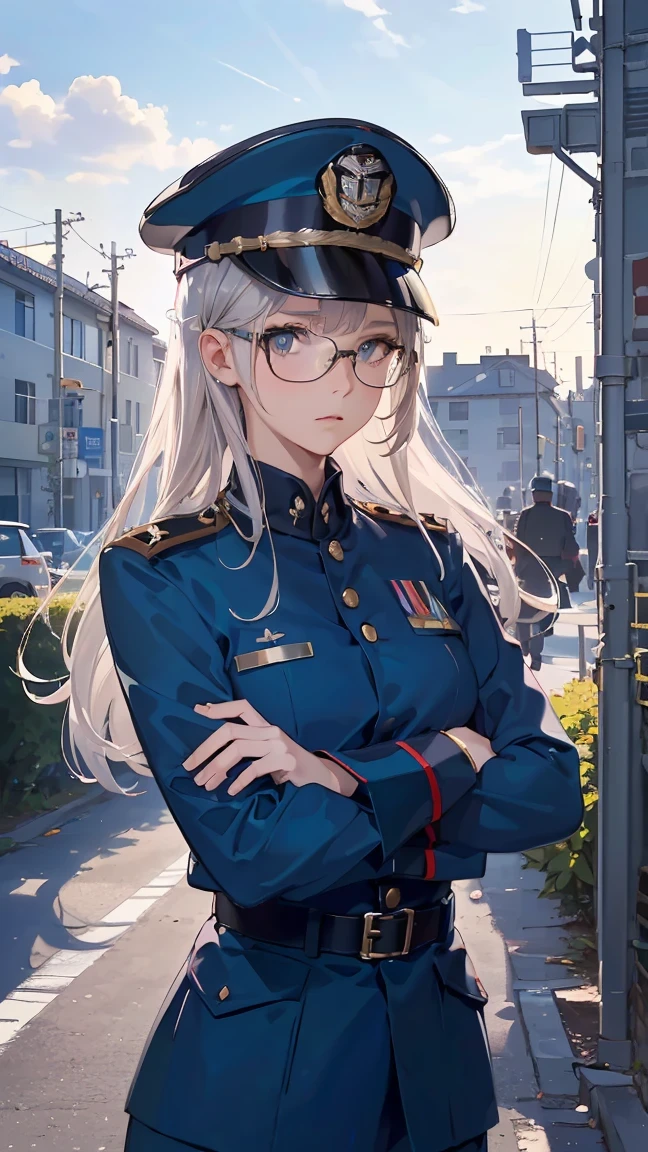 (((Best quality, 8k, Masterpiece: 1.3)), ((best quality)), ((masterpiece)), (detailed), perfect face, uniform, soldier, Glasses, Beauty, Cool, Major General of the Navy, cowboy shot