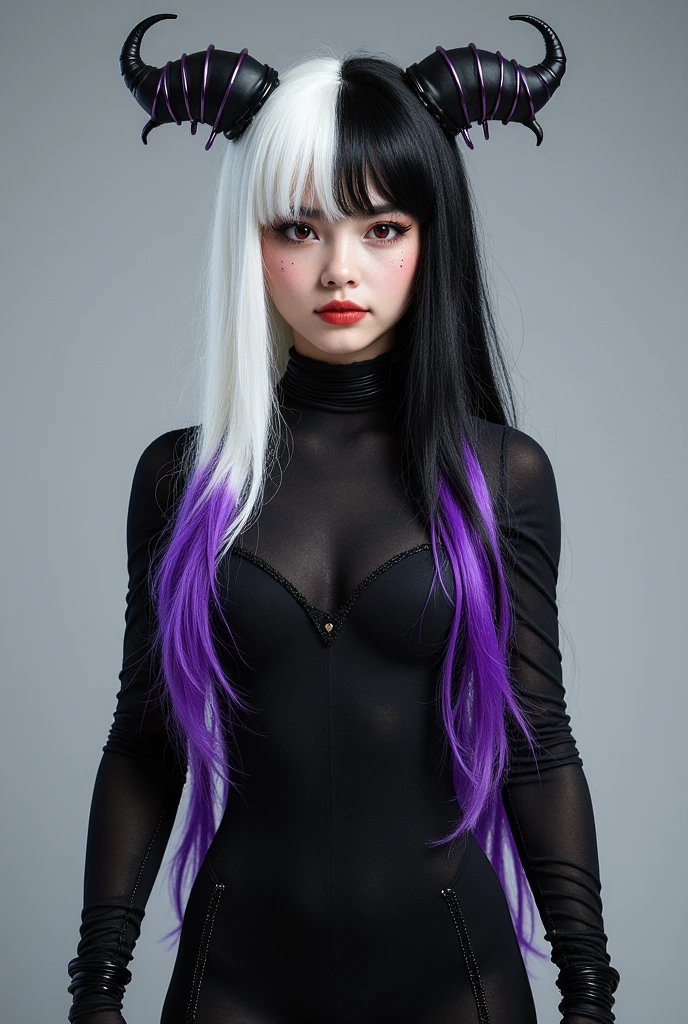 cosplayer, long white black wig with purple tips with fringe, red eyes, A little fat, Halloween-style black closed clothing