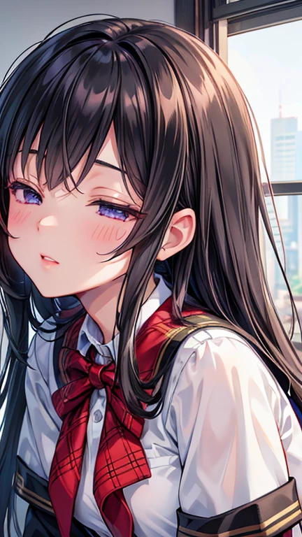 {{{nsfw}}}, {{hdr}}, {close up}, {{kissing}}, The girl kisses the boy friend, {{{masterpiece}}}, 4k, {{city}}, anime girl, beautiful anime woman, beautiful anime girl, beautiful anime teen, purple eyes, black long hair, {high resolution illustration}, {finely detailed beautiful eyes and detailed face}, (very detailed CG Unity 8k wallpaper), best quality, cinematic lighting, (photorealistic), Detailed, Ultra-Detailed, Digital Art, beautiful face, student, (bloom), (((formal school uniform))), red neck-ribbon, red plaid skirt, see-through black pantyhose, black blazer, {{dynamic angle}}, closed eyes, face only, at me, 