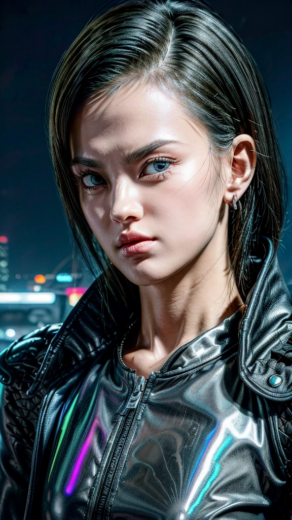 a highly detailed and realistic android 18, beautiful detailed eyes, beautiful detailed lips, extremely detailed eyes and face, long eyelashes, realistic metal skin, reflective metal plating, futuristic cyberpunk setting, glowing neon lights, epic cityscape, towering skyscrapers, neon lights reflections, cinematic lighting, dramatic shadows, vibrant colors, saturated colors, 4k, 8k, highres, masterpiece, anatomically accurate, precise, multiple awards, HD model, UHD, OctaneRender, photorealistic, photo-realistic