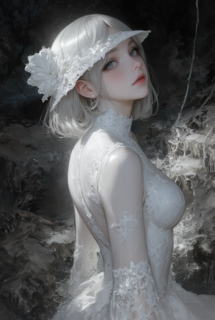 1girl look at me, white style, luxury, Knee-deep in the lake, exquisite digital illustration, dark fantasy, intricate art work, dark background,