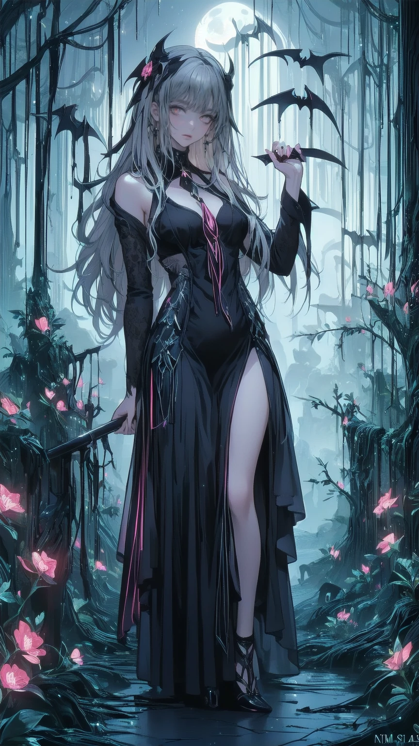  Modin Disney , Arafed,  action shot, Dark  Fantasy Art ,  Fantasy Art , Gothic art,  Picture of a Female Vampire , Exquisite beauty,   Full Body Shot  , dark glamour shot, pale white skin , Blonde, Long Hair,  Wavy Hair, ( Sparkling Grey : 1.3) eye, she (red: 1.3) red thigh suit, ArmoredDress, she手に剣を持っている, ( Ready for Battle : 1.4) ,  Roses are printed on the suit (black: 1.4) black roses,  High Heels , dark castle, dark, black and color,  Dark Art Painting Style , flower dress, (( 1 Girl, Alone, Alone, Ninim , Gray Hair, redいeye,  hair ornament, Small breasts, Long Hair,  fitness )), ((Alone, (1 Female, Pink lipstick),  very detailed ,   ambient soft writing, 4K, Perfect Eyes,  perfect face, Perfect lighting , a  1 Girl)), ((blackいドレス,  Long Dress , redい大鎌を振るう, Abandoned castle, Haunted Castle, fog, mist,  Knight , Smell of the Moon , Dead Tree))