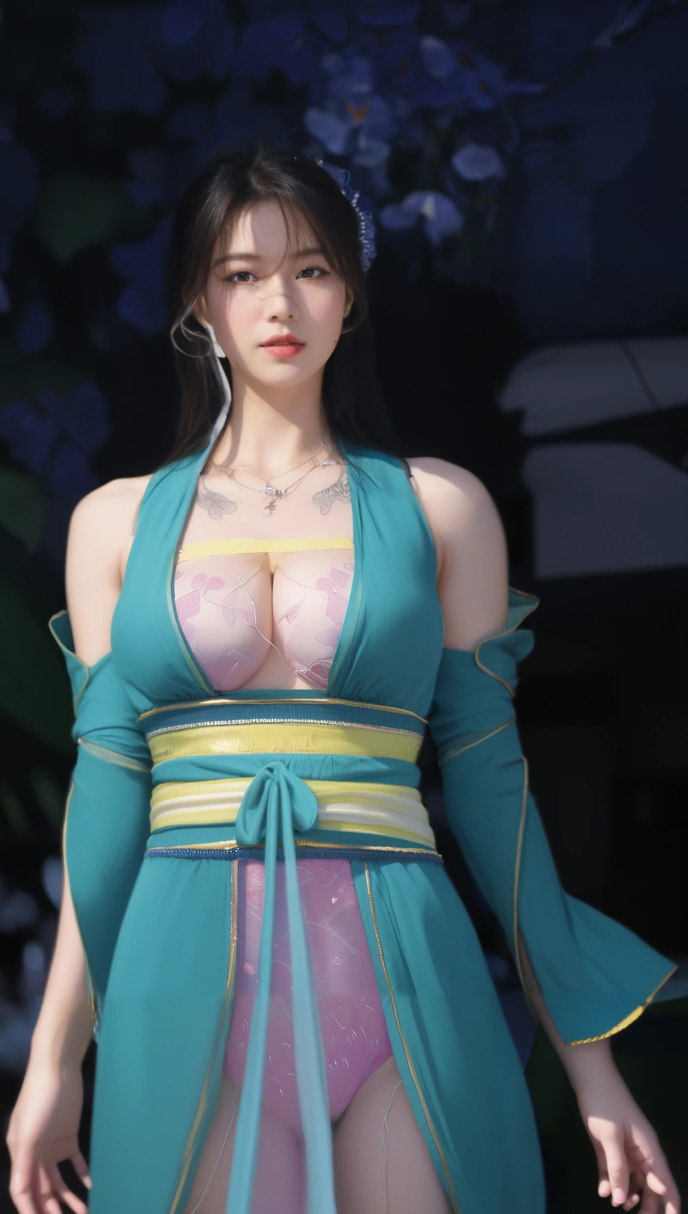 1个Giant Breast Girl，Panoramic lens，Full body close-up，Big breasts,(Sagging breasts、Cleavage, cleveage、Thick thighs, Perfect body, )barefoot，Ancient China，Whole body image，solo，Game Fairy，ancient chinese beauties，Wearing Chinese green clothing，complex patterns，flowing tulle，Flowing sleeves，Light Silk，Hair accessories，Jewel-like，Clean colors，night，moon，masterpiece，Super detailed，Epic Works, high quality, best quality, 4K