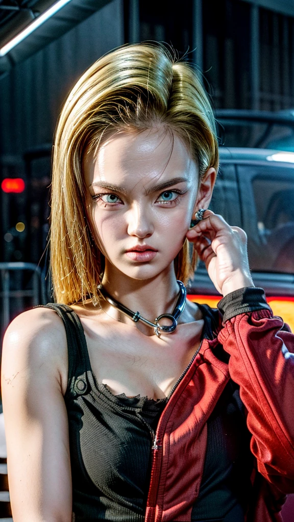 a highly detailed and realistic android 18, beautiful detailed eyes, beautiful detailed lips, extremely detailed eyes and face, long eyelashes, realistic metal skin, reflective metal plating, futuristic cyberpunk setting, glowing neon lights, epic cityscape, towering skyscrapers, neon lights reflections, cinematic lighting, dramatic shadows, vibrant colors, saturated colors, 4k, 8k, highres, masterpiece, anatomically accurate, precise, multiple awards, HD model, UHD, OctaneRender, photorealistic, photo-realistic