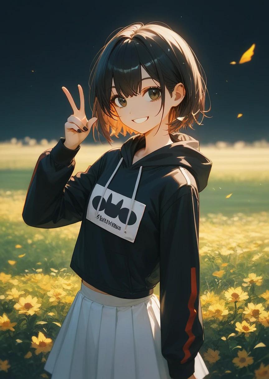 score_9, score_8_up, score_7_up quality_masterpiece, quality_best rating_safe body_slim，hair_color_black physical_short costume_black hoodie,costume_white skirt mouth_smile，eye_color_black hand_sign_peace environment_sunny field