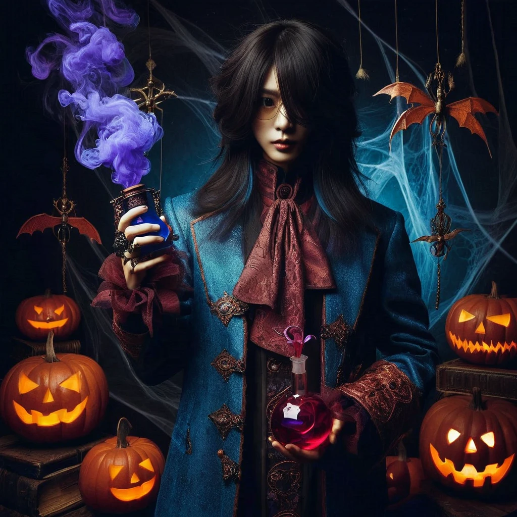 photography, cowok korea menggunakan baju alkemis rambut sangat panjang biru merah, memegang purple flane poison, latar labu Halloween darkness surrealisme 