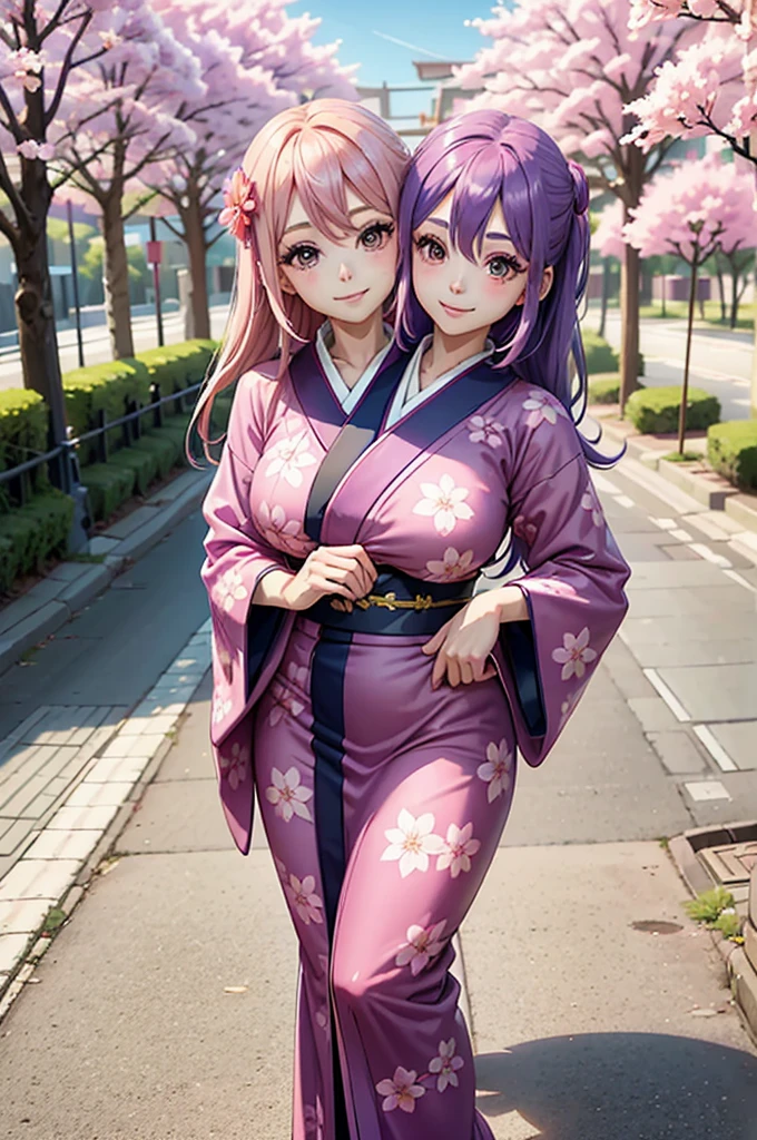 one smiling girl, (conjoined: 1.2), (two headed: 1.2), pink hair, purple hair, wearing blue kimono with pink flower patterns, standing under cherry blossoms