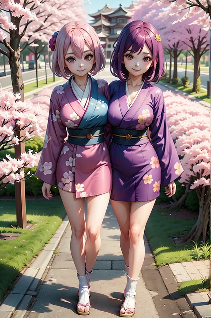 one smiling girl, (conjoined: 1.2), (two headed: 1.2), pink hair, purple hair, wearing blue kimono with pink flower patterns, standing under cherry blossoms