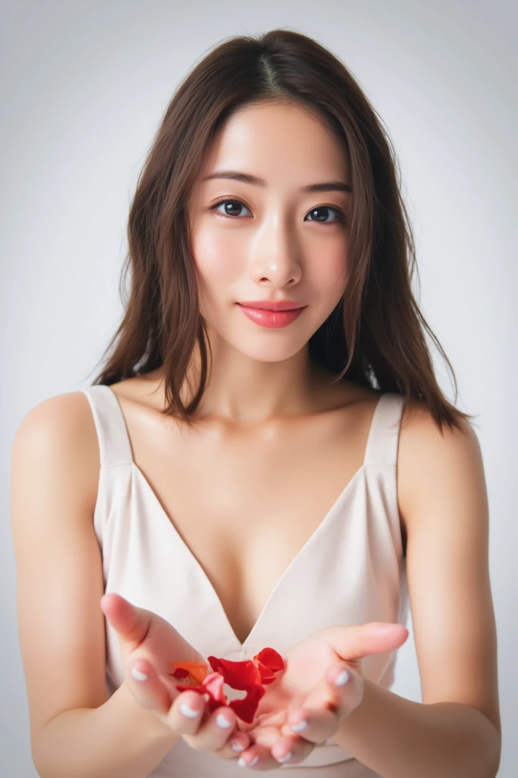 She is in a pose wearing a sexy camisole, making a firm big heart shape with both hands, and holding it in front of her chest, Cute smile up

