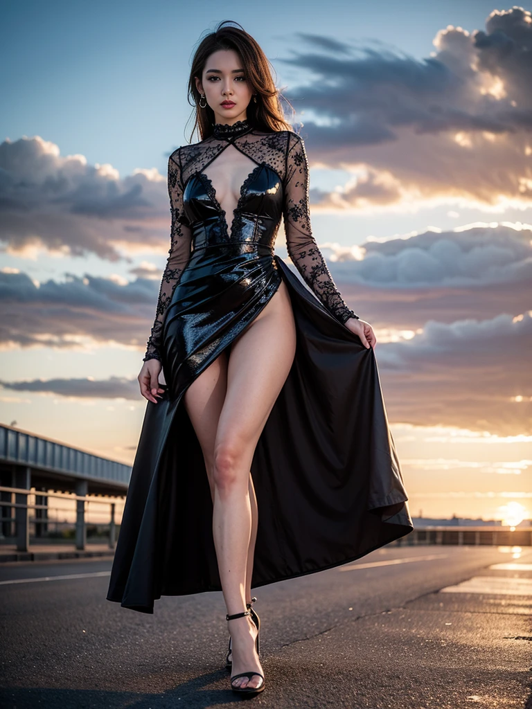 Highest quality,masterpiece,Ultra-high resolution,(Actual:1.4),Original photo,Ultra-high resolution,8k,One Woman,Incredible beauty、The great actress of the Japan、Fair skin,Big wave diamond purple and cool black collaboration dress:1.5,High heels,Ultra-realistic pantyhose, Elegantly patterned pantyhose, Long legs:1.5,Bright and beautiful,high waist,Flashy makeup using red eyeshadow,