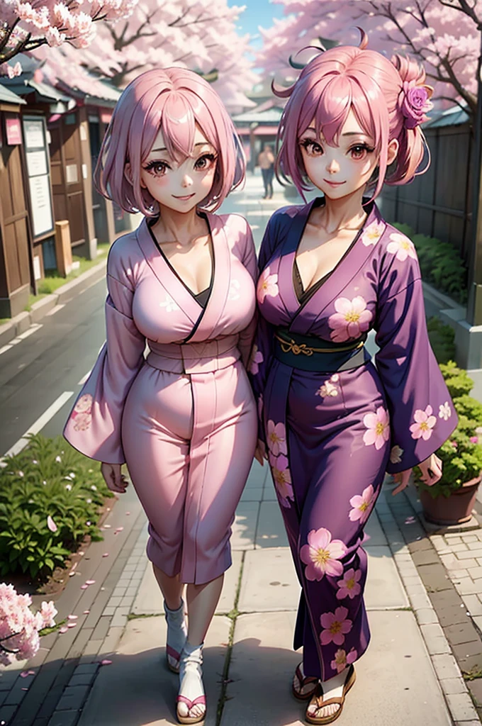 one smiling girl, (conjoined: 1.2), (two headed: 1.2), pink hair, purple hair, wearing blue kimono with pink flower patterns, standing under cherry blossoms