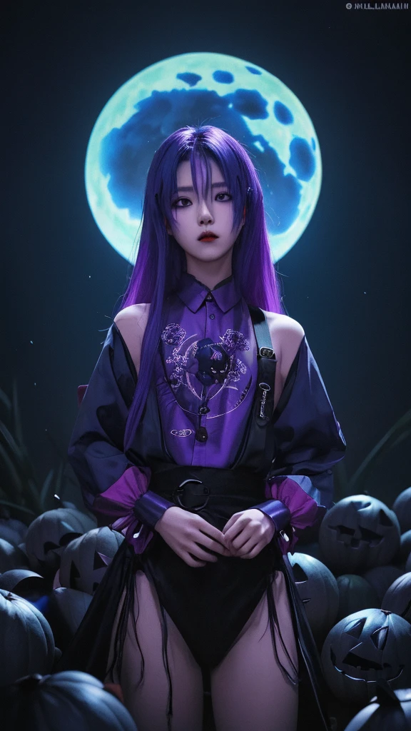 photography, cowok korea menggunakan baju alkemis rambut sangat panjang biru merah, memegang purple flane poison, latar labu Halloween darkness surrealisme 