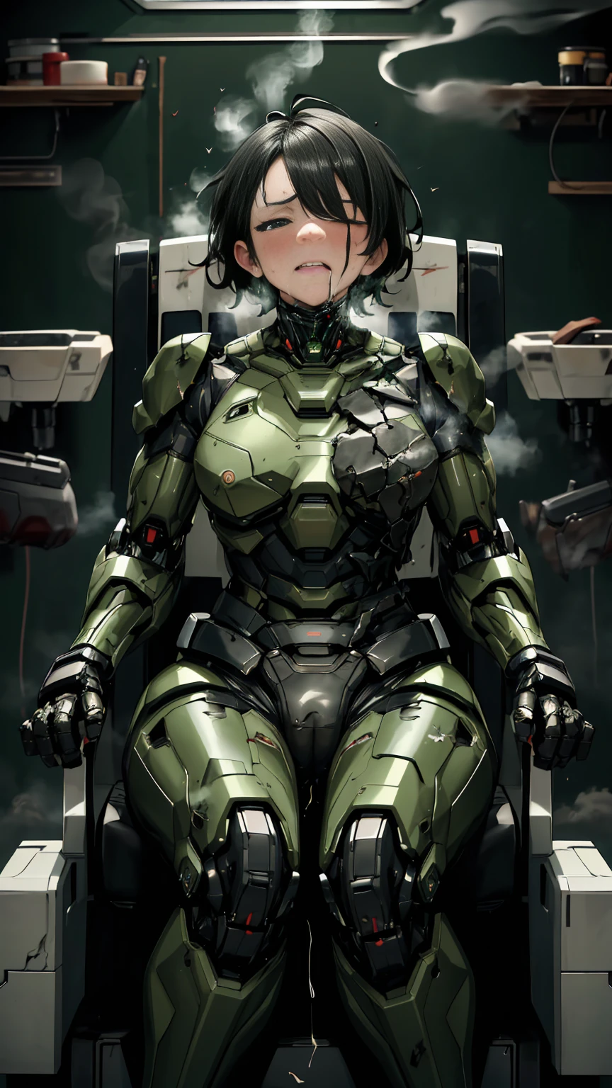 ,      very detailed  ,   More Information  ,     High image quality    , 最    High image quality    ,      Kampala    , 1080P 、    smoke coming out of the wound     　Green Armor、     wearing green and black clothes    、cute((全身のSerious damage))(     An injured woman in a robot suit is leaning on a machine chair   ...)()(Broken Armor)((     cracks are spreading     ))(Black     smoke coming out of the wound     )    }  close one eye  　 Dirty black hair   、  Peeing from the vagina　  boyish short hair 、Torn Armor、     wet hair    、Close your eyes　 Open Your Mouth 、( steam is coming out of the body)Sweaty face、Severe pain、Serious damage、saliva splashes out of her mouth 、saliva dripping from the mouth、 Female adult  　　首のあたりが露出していない    An injured woman in a robot suit is leaning on a machine chair    　(   Steam is Coming Out of Your Face   ) (( black    smoke coming out of the wound     ))  saliva　( I can see the vagina )   　 the chest is exposed 　 Blitz　 look up with the naked eye 　 Rescued 