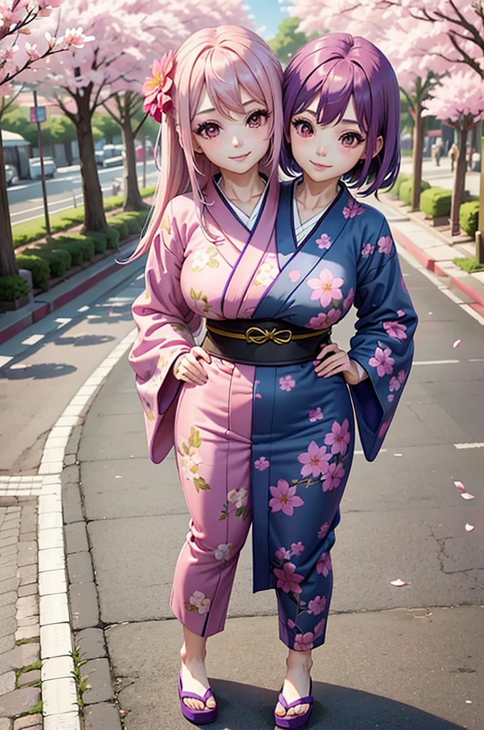 one smiling girl, (conjoined: 1.2), (two headed: 1.2), pink hair, purple hair, wearing blue kimono with pink flower patterns, standing under cherry blossoms