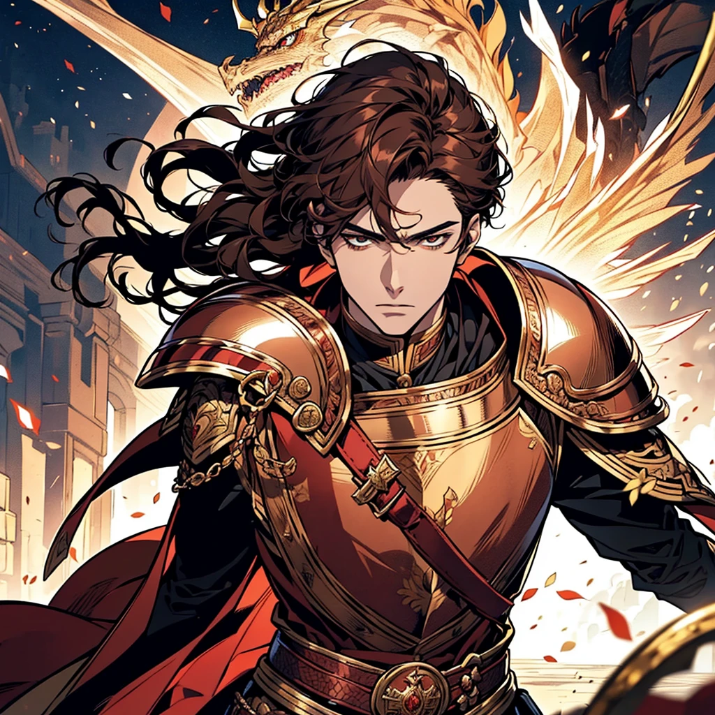 Male 2.0、solo2.0、 standing up close to black brown hair、Red Copper Armor、Young Hero King 1 .5、Golden Sword、Handsome face 1 .8、 riding a dragon 2 .0、precise arms and hands1.8