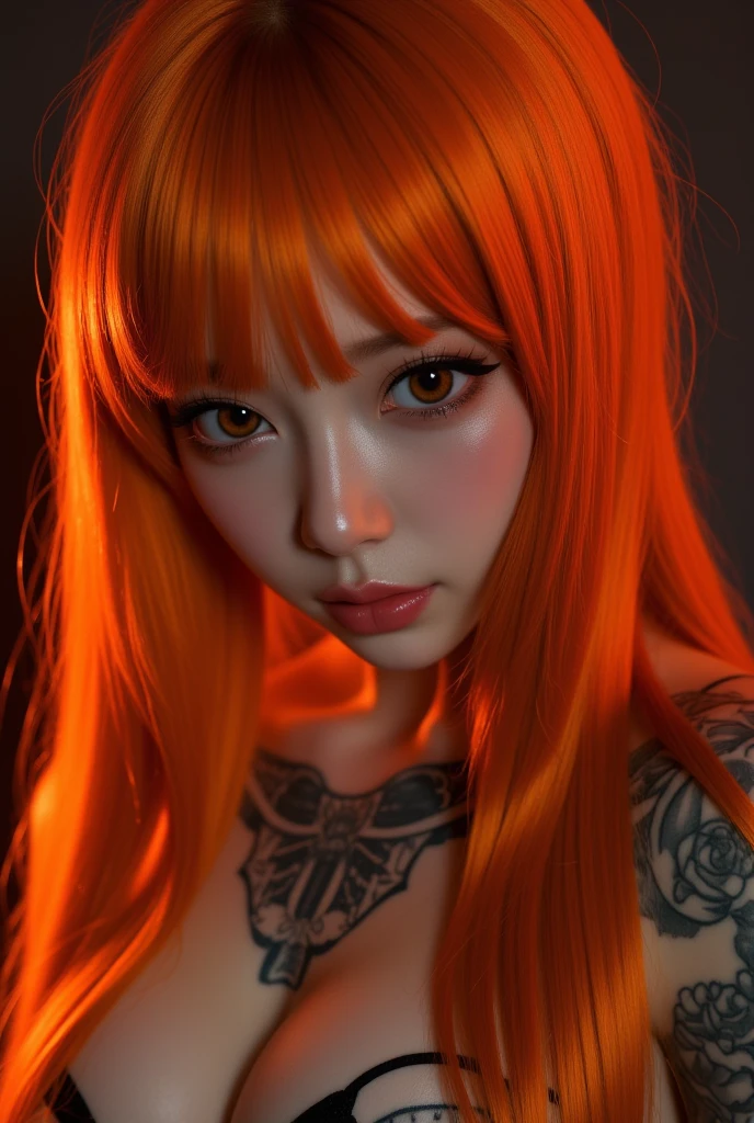 One girl、((tattoos)), Excellent anatomy, masterpiece, Highest quality,Realistic, hyperRealistic, 16k hdr,NSFW、Long orange Hair、Straight Hair、bangs、freckles、high school girl、Slender、Slender body、asian high school girl, huge breasts, cleavage, Lewd, horny, (((sexual gaze))), huge breasts, cleavage, (((neon orange monochromatic color palette))), (((sexy pose))), big orange eyes, ulzzang, portrait, (anime), manga, sexy, submissive, (((crying))), ((seductive)), ((heavy blushing)), shy, tease, 8ｋ, Highest quality, masterpiece, Sharp focus, ((shiny skin)), ((naughty girl)), black background,
