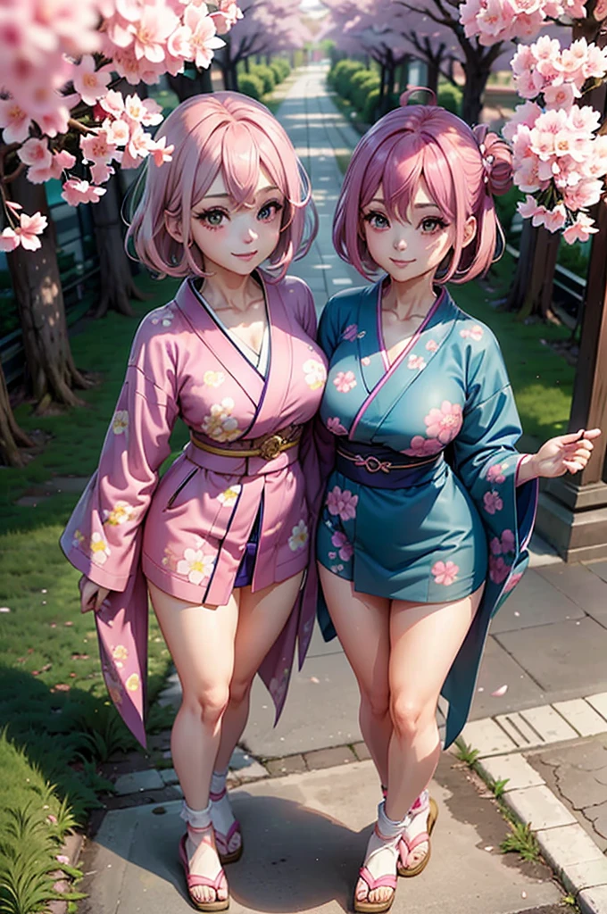 one smiling girl, (conjoined: 1.2), (two headed: 1.2), pink hair, purple hair, wearing blue kimono with pink flower patterns, standing under cherry blossoms